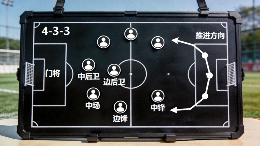 足球战术板上绘制的阵型站位与边路推进线路